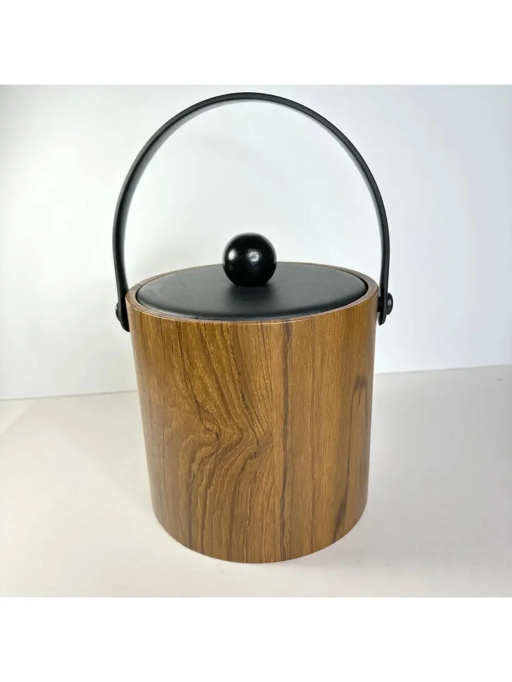 Vintage 1960s Ice Bucket Brown Vinyl Wood Tones Kraftware